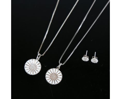 BERNHARD HERTZ - 2 Vintage Danish daisy pattern pendant necklaces, sterling silver settings with white enamel petals on silve