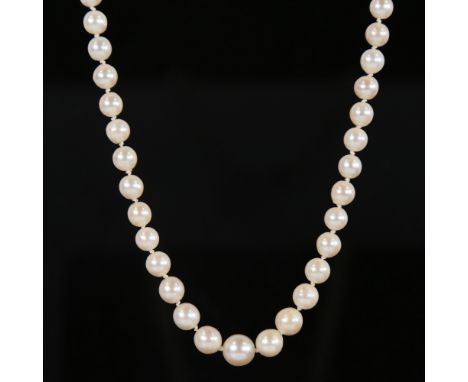 A Vintage Scandinavian graduated single row cultured pearl necklace, on a 14ct gold pearl clasp, pearls measure from 4.2mm to