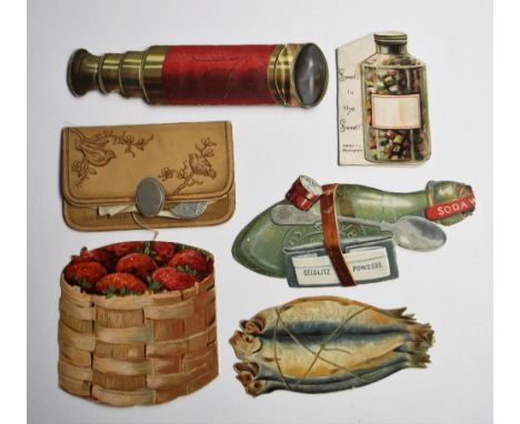 Ephemera, Die Cut Novelties. 16 Victorian die cut novelties inc. purse, washing basket, telescope, hamper, travel bag etc som