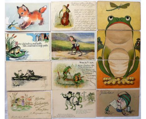 Postcards, Frogs, a selection of 23 cards including 3 card composite (fair), stamp montage, Gruss Aus frog band, Epps Nature 