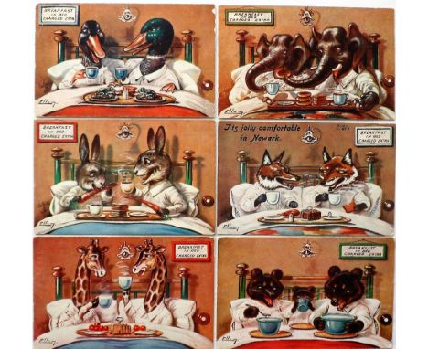 Postcards, Ellam a set of 6 cards illustrated by Ellam and published by Tuck 'Breakfast in Bed' No 9553 Series III, featuring