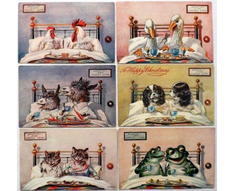 Postcards, Ellam a set of 6 published cards illustrated by Ellam from 'Breakfast in bed' series 1 no 9321,  frogs, cats, span