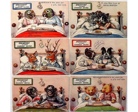 Postcards, Ellam, a set of 6 cards illustrated by Ellam and published by Tuck, 'Breakfast in Bed' No 9953, Series III (this i