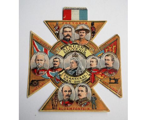 Ephemera, Boer War. A die cut Singer Sewing Machine advertisement card, states on the reverse 'Peace and Prosperity are Firml