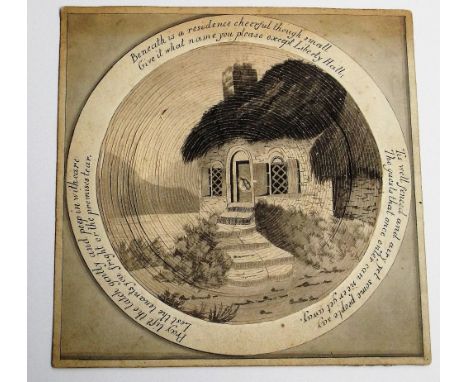 Ephemera, Expanding Novelty Card. A pen and ink novelty card, hand painted with a thatched cottage. The sketch lantern cut to