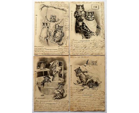 Postcards, Louis Wain, a selection of 4 scarce unsigned black &amp; white anthropomorphic cat cards illustrated by Louis Wain