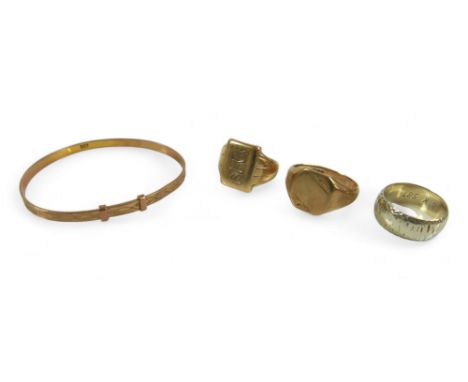 A group of gold jewellery, comprising two gents gold rings: one 9ct 5.2g, one rubbed marks, 5.8g, an 8k ring, 4.5g and 9ct go