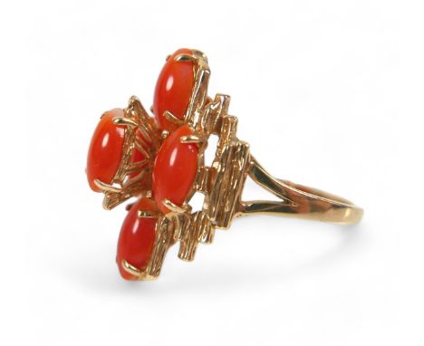 A 14ct yellow gold coral ring, size M, head size 14 by 11 by 22mm, 5.6g 