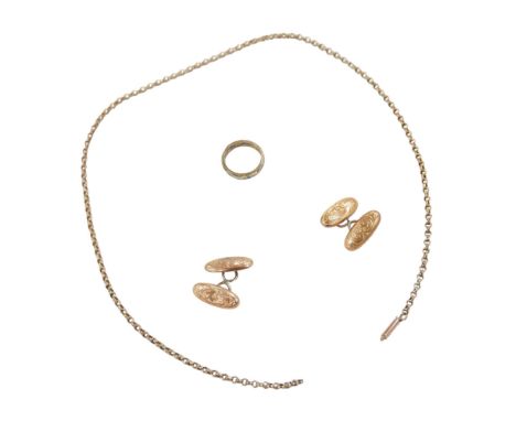 A group of 9ct gold, comprising a pair of cufflinks and a chain necklace, a/f, 6.4g, together with a yellow and white metal r
