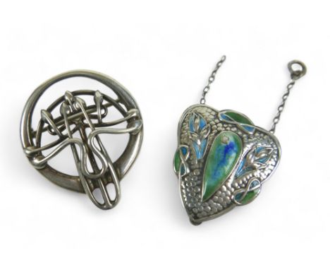 A silver and enamel Art Nouveau style pendant, maker WBs Sheffield, together with a silver brooch in the style of Charles Ren