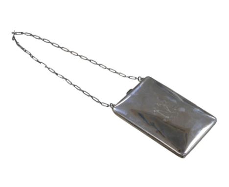 A silver compact and purse on chain, with fold out mirror, two coin holders, money clip, engraved with monogram 'MI', stamped