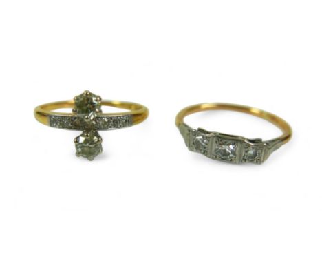 Two 18ct gold and diamond rings, including a three stone ring, all in illusion settings, size S, 2.2g, together with a two st