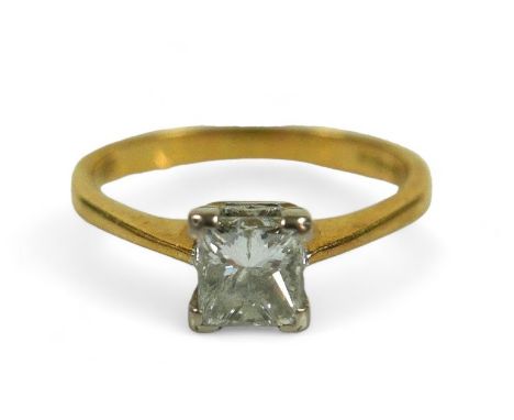 An 18ct yellow gold and diamond solitaire ring, the single princess-cut square stone approx. 0.5ct, size J. 