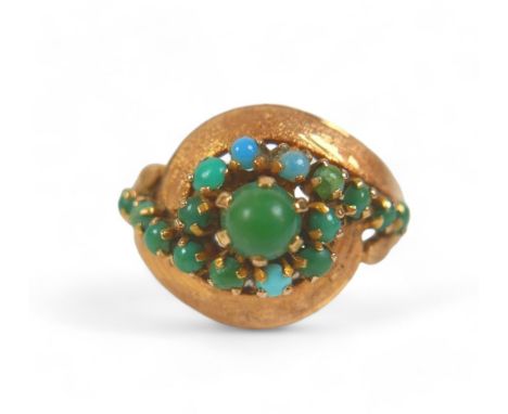 An 18ct Egyptian yellow gold turquoise ring, size O, 6.2g. 