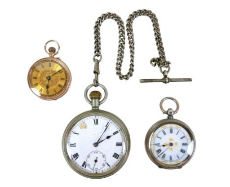 A 9ct gold lady's pocket watch, together with a silver pocket watch with a ceramic face, and a nickel cased pocket watch. (3)