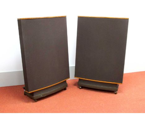 Pair of Quad ESL 63 Speakers with original packaging, stands and instruction manual. 36” high, 26” wide and 10.5” deep. (unte