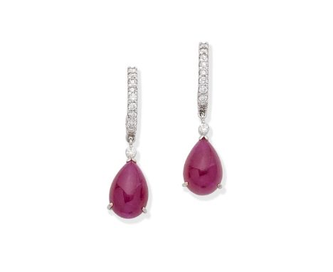 RUBY AND DIAMOND PENDENT EARRINGSEach suspending a cabochon ruby, from a brilliant-cut diamond surmount, length 3.0cmFor furt