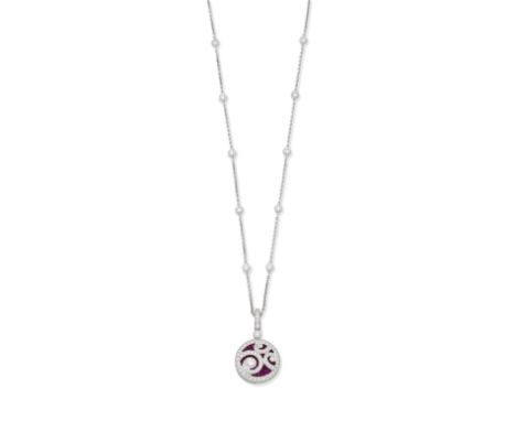 GRAFF: RUBY AND DIAMOND 'DIAMOND ON DIAMOND' PENDANT NECKLACEPendant of circular design, set with circular-cut rubies, and br