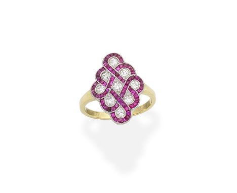 RUBY AND DIAMOND RING, CIRCA 1910Of lattice design set with single-cut diamonds and calibré-cut rubies, mounted in gold and p