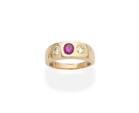 RUBY AND DIAMOND RINGThe central oval-cut ruby between brilliant-cut diamonds of yellow tint, diamonds untested for natural c