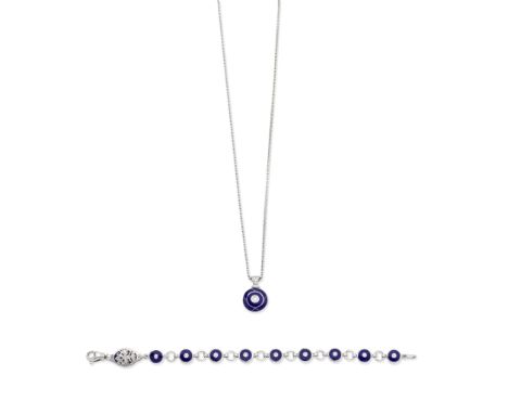 FABERGÉ: ENAMEL AND DIAMOND PENDANT NECKLACE AND BRACELETThe Royal blue guilloché enamel pendant mounted in 18 carat white go