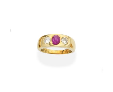 RUBY AND DIAMOND RINGThe central cabochon ruby between brilliant-cut diamonds, diamonds approx. 0.90ct total, French assay ma