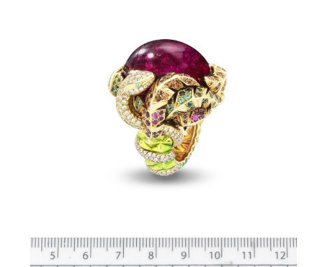 VICTOIRE DE CASTELLANE FOR DIOR: RUBELLITE, TOURMALINE, DIAMOND AND GEM-SET RINGThe 105.45 carat cabochon rubellite tourmalin