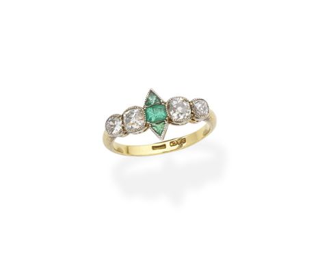 EMERALD AND DIAMOND RINGThe central millegrain-set step-cut emerald, between similarly-set triangular-cut emeralds, between  