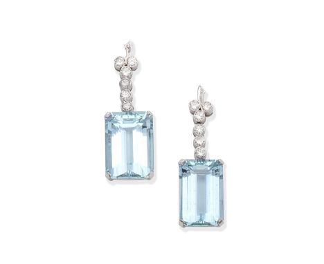 AQUAMARINE AND DIAMOND PENDENT EARRINGSEach step-cut aquamarine suspended from a row of brilliant-cut diamonds,  diamonds app