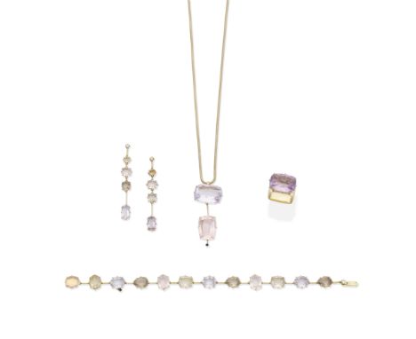 H. STERN: GEM-SET PENDANT NECKLACE, BRACELET, EARRINGS, AND RINGThe pendant with an amethyst surmount suspending a rose quart