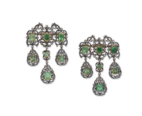 PAIR OF EMERALD BROOCHESOf girandole design, each set with step and oval-cut emeralds in closed-back settings, within scrolli