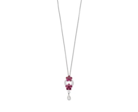 GRAFF: RUBY AND DIAMOND 'ROSETTE' PENDANT NECKLACESet with clusters of circular-cut rubies, and brilliant-cut diamonds, mount