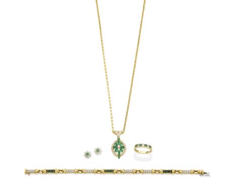 EMERALD AND DIAMOND PENDANT NECKLACE, BRACELET, RING AND PAIR OF EARSTUDS1st: Set with pear-shaped emeralds and brilliant-cut