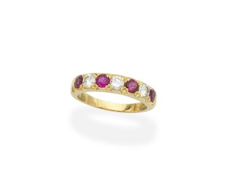 RUBY AND DIAMOND RINGSet to the front with alternating circular-cut rubies and brilliant-cut diamonds, ring size approx. P½Fo