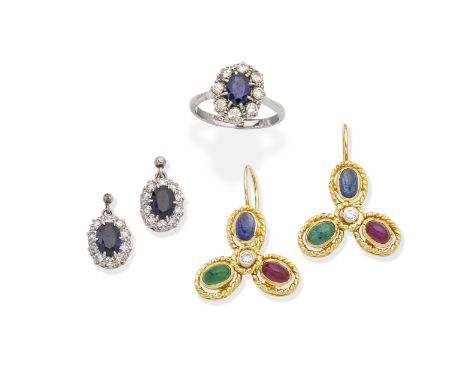 SAPPHIRE AND DIAMOND CLUSTER RING AND EARRING SUITE, AND A PAIR OF DIAMOND AND GEM-SET EARRINGS1st: The oval-cut sapphire wit