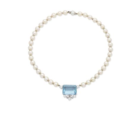 AQUAMARINE, DIAMOND AND CULTURED PEARL NECKLACEThe step-cut aquamarine accented with brilliant and marquise-cut diamonds, sus