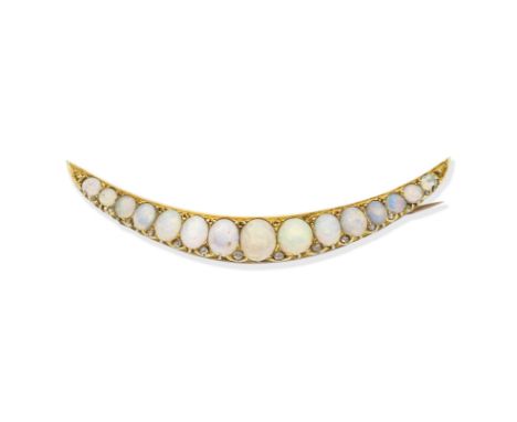 OPAL AND DIAMOND CRESCENT BROOCH, CIRCA 1890Set with graduated opal cabochons with rose-cut diamond accents, mounted in gold,