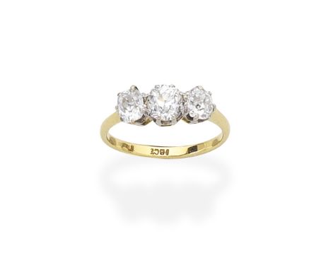 DIAMOND THREE-STONE RINGSet with three cushion and old brilliant-cut diamonds,  diamonds approx. 1.00ct total,  ring size app