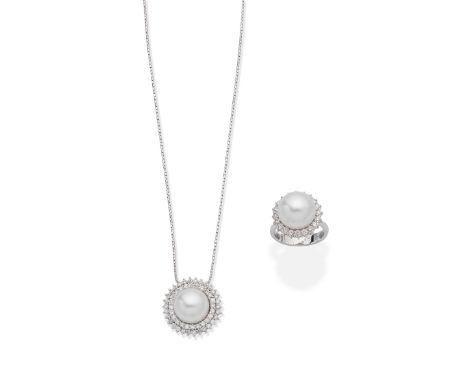 CULTURED PEARL AND DIAMOND PENDANT NECKLACE AND CULTURED PEARL AND DIAMOND RINGThe 12.0mm cultured pearl within a double surr