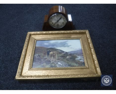 An Art Deco mantel clock together with a gilt framed print depicting cattle 