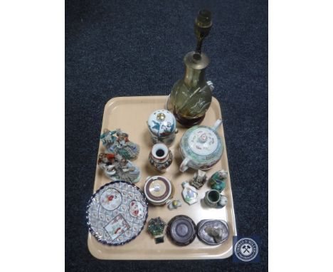 A tray of Oriental wares including teapot, vases, Japanese figures together with a brass embossed rise and fall lamp