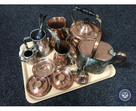 A tray of antique copper ware, teapot, watering can, jug, together with pewter milk jug and tankard 