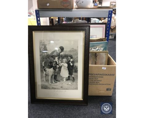A box of assorted pictures and prints, oak framed antique print - Huntsman etc.