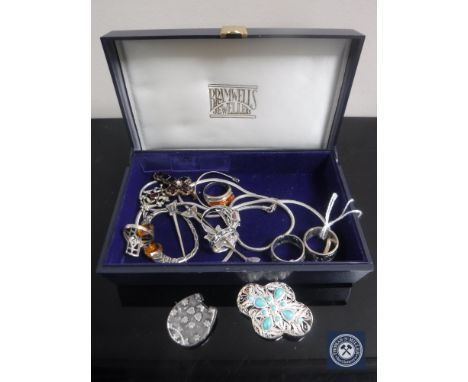 A box of sterling silver jewellery, brooches, rings, necklace etc.