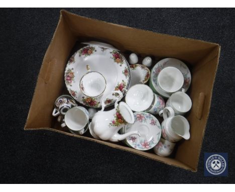 A box of Royal Doulton Expressions tea service, assorted Royal Albert Old Country Roses dinner plates, tea china etc.