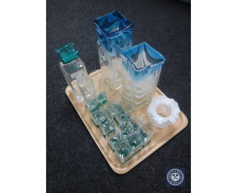 A tray of two-tone glass decanter together with twelve matching glasses and three vases 