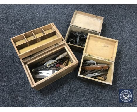 Three wooden boxes of vintage hand tools and door furniture 