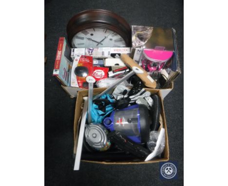 Three boxes of contemporary wall clock, Yamaha recorder, various electricals including Bissell vac, upright heater etc 