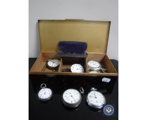 A box of seven assorted pocket watches and fob watches, some with silver cases, together with a set of vintage spectacles. 