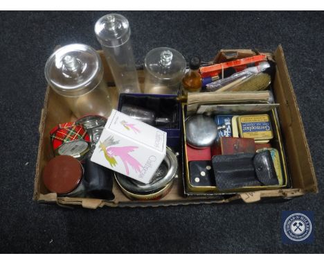 A box of silver plated goblet, twentieth century glass ware, vintage tins, camera etc 